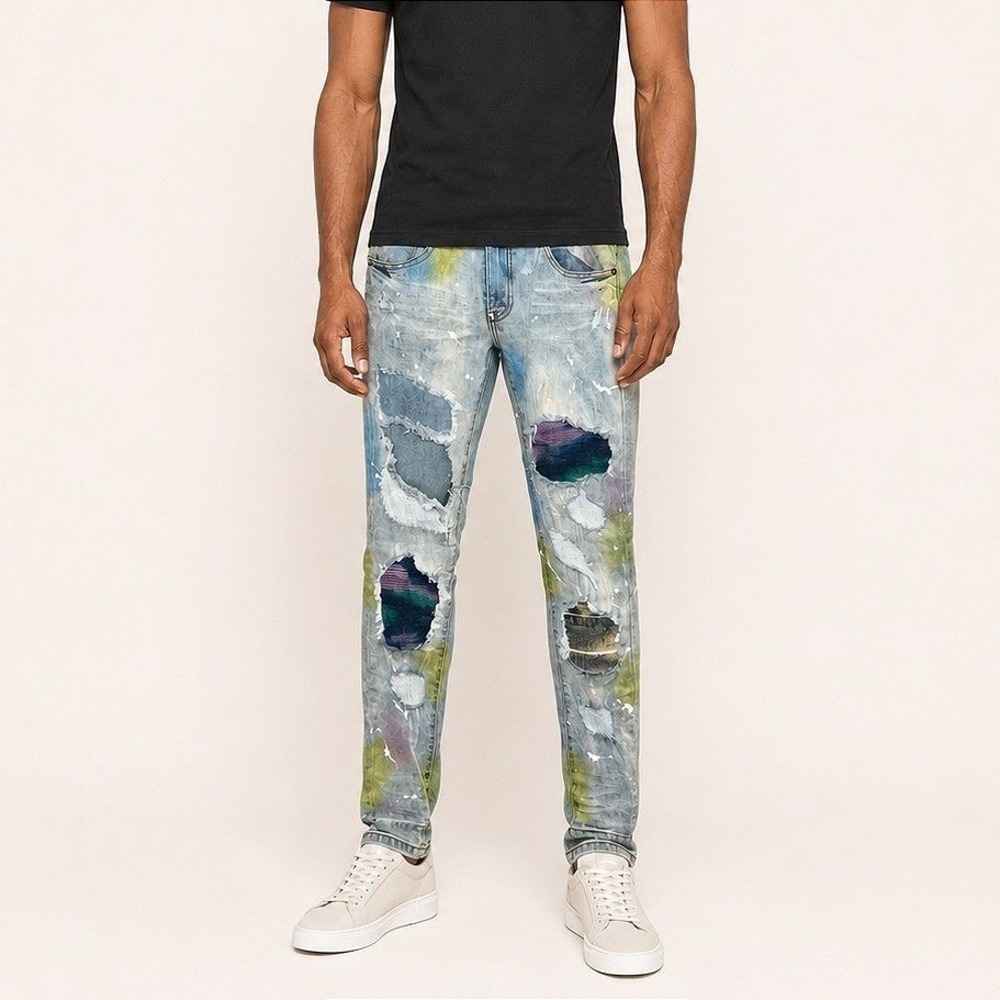MAJESTIK Mens Stacked Ripped Paint Splatter Distressed Patch Jeans Light Wash 30
